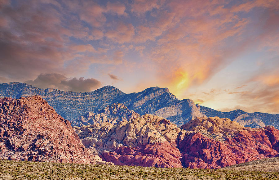 Red Rock and Blue Mountains Rising from Desert at Sunset Photograph by Darryl Brooks