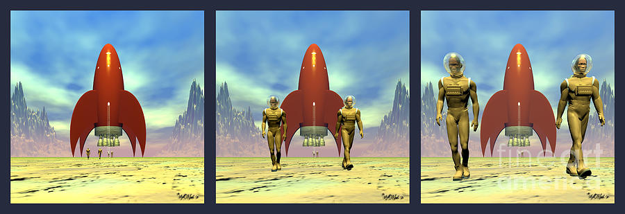 Science Fiction Digital Art - Red  Rocket World Triptych by Walter Neal