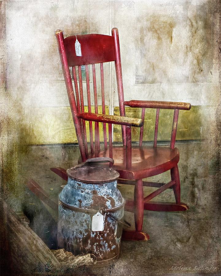 Country Store Porch, Red Rocking Chair Vintage Metal Milk Jug Photograph by Melissa Bittinger