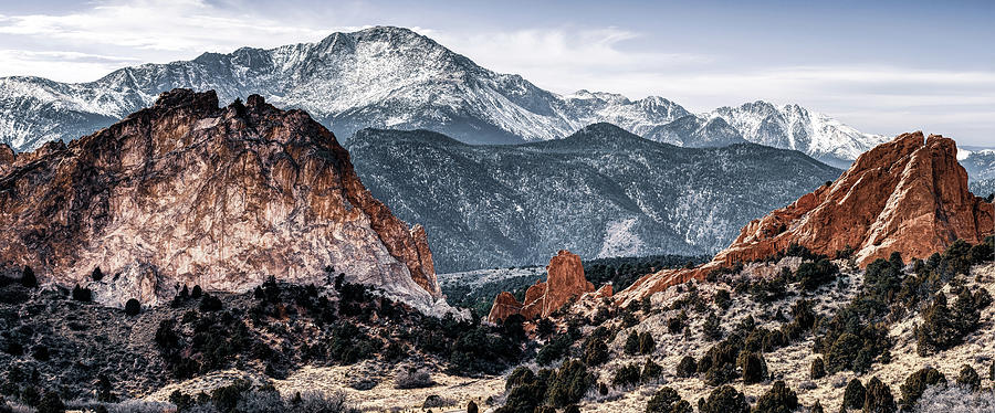 Red Rocks and Pikes Peak - Colorado Springs Panoramic Landscape Photograph by Gregory Ballos