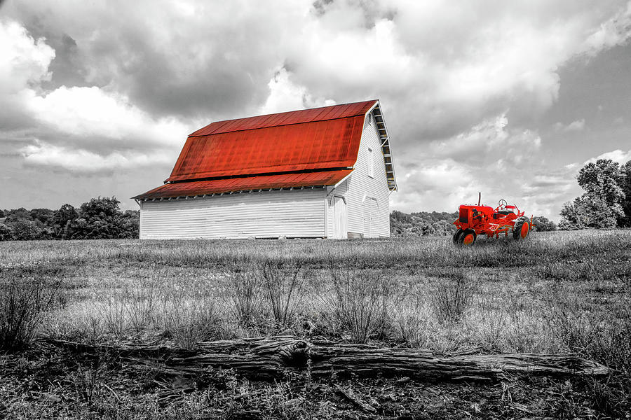 Red Roof Barn and Red Tractor Black and White and Red Photograph by Debra and Dave Vanderlaan