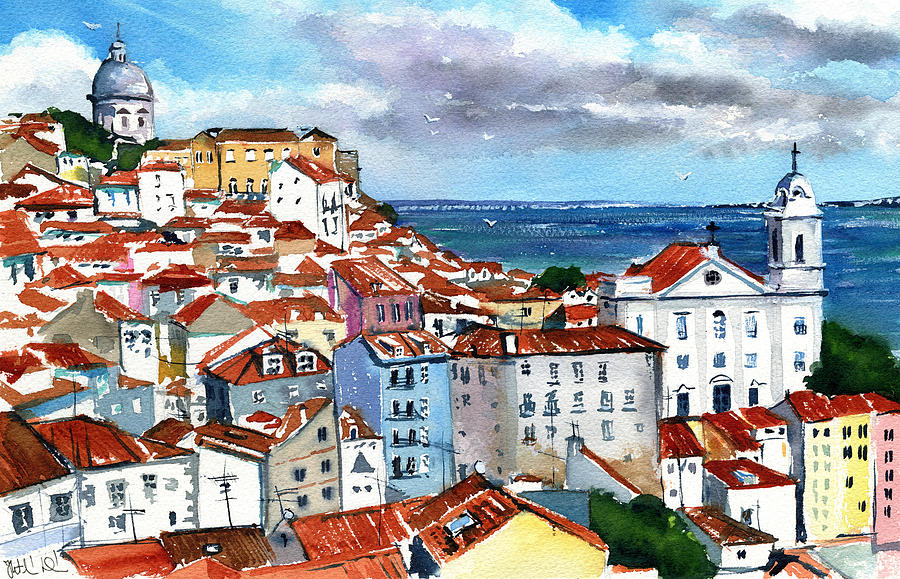 Summer Painting - Red Rooftops of Lisbon Alfama by Dora Hathazi Mendes