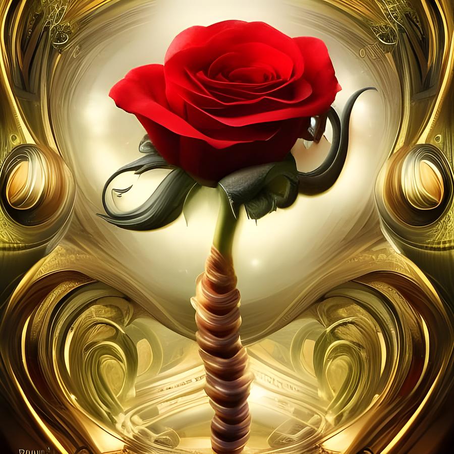 Red Rose and Gold Digital Art by Beverly Read