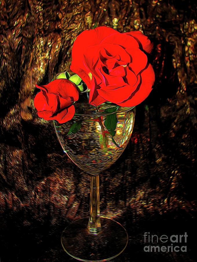 Red Rose And Rose Bud In A Wine Glass Slight Abstract Effect Photograph