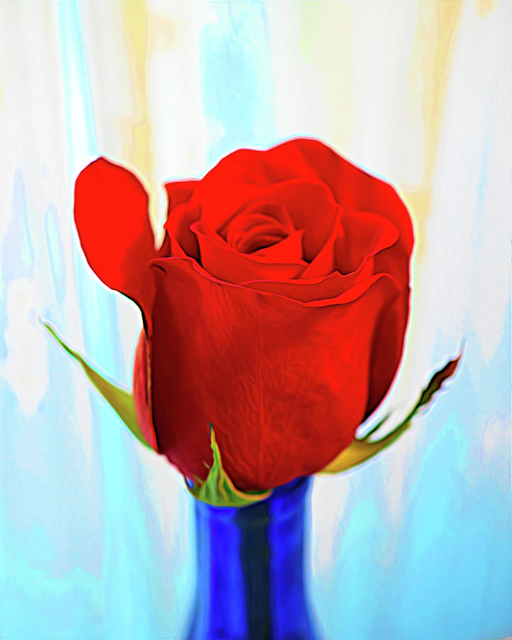 Red Rose Blue Bottle Painterly Photograph by Bill Swartwout
