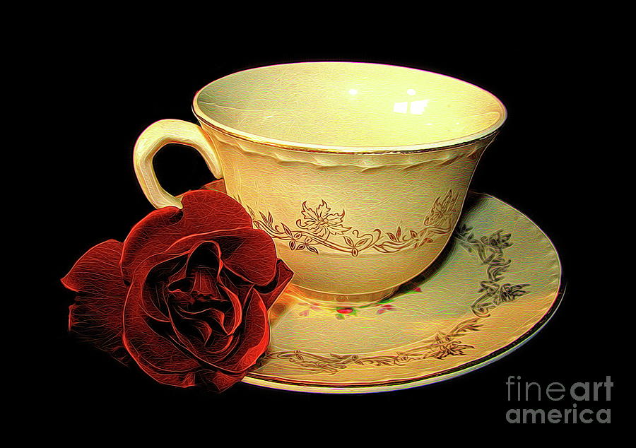Red Rose On Antique Saucer With Matching Tea Cup Abstract Effect Photograph