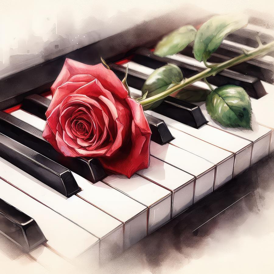 Red Rose on Piano Keys Digital Art by Kim Hojnacki