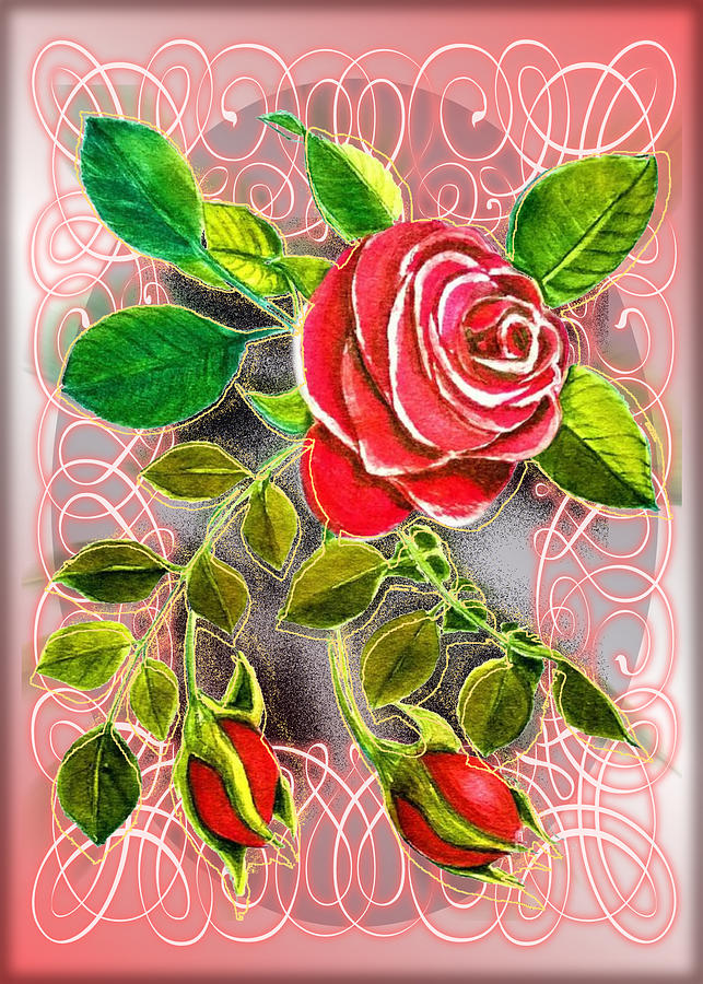 Red Rose Watercolor Mixed Medium Digital Art by Delynn Addams