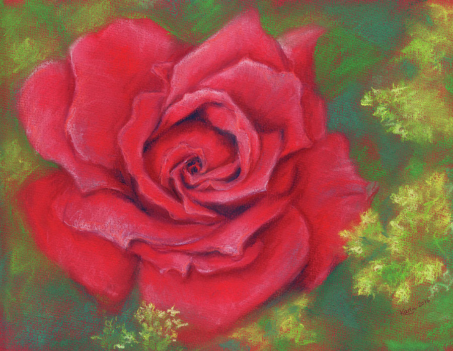 Red rose with yellow ladys mantle Painting by Karen Kaspar