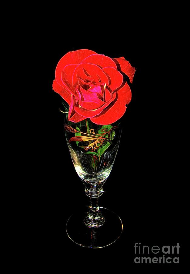 Red Rosebud in a Vintage Wine Glass Abstract Melting Effect Photograph by Rose Santuci-Sofranko