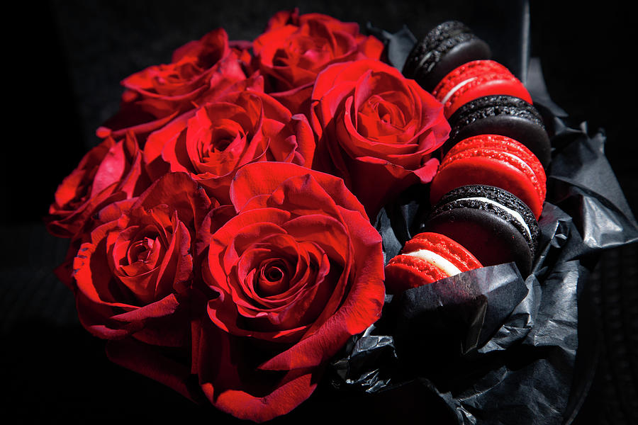 Red Roses And Black And Red Macaroons. Background For Valentines And Woman Day. Wedding Decoration Photograph