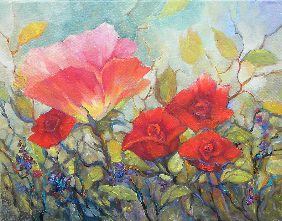 Red Roses and Poppy Painting by Peggy Wilson
