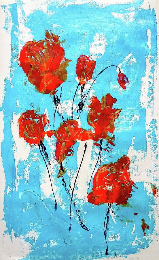 Red roses and sky Painting by Asha Sudhaker Shenoy