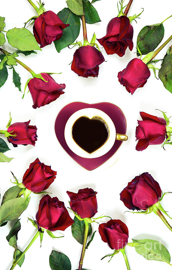 Red roses creative flat lay layout with coffee in heart shaped c Photograph by Milleflore Images