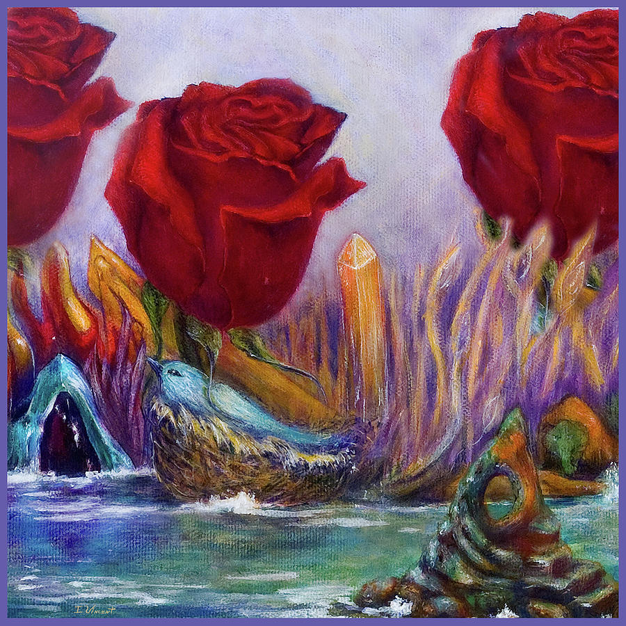 Red Roses, Crystals, and a Bird  Digital Art by Irene Vincent