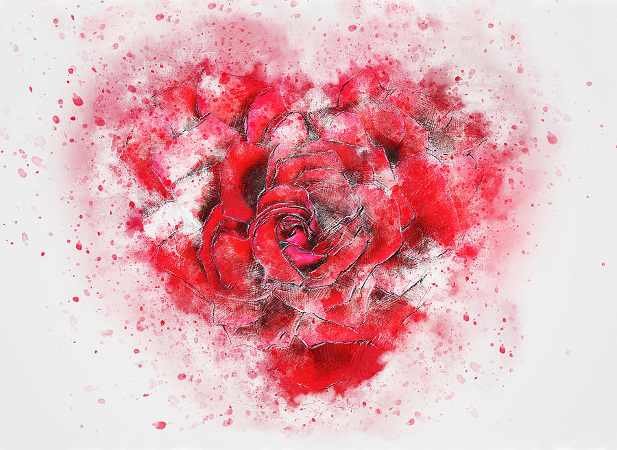 Abstract Mixed Media - Red Roses Heart Watercolor Abstract by Sandi OReilly
