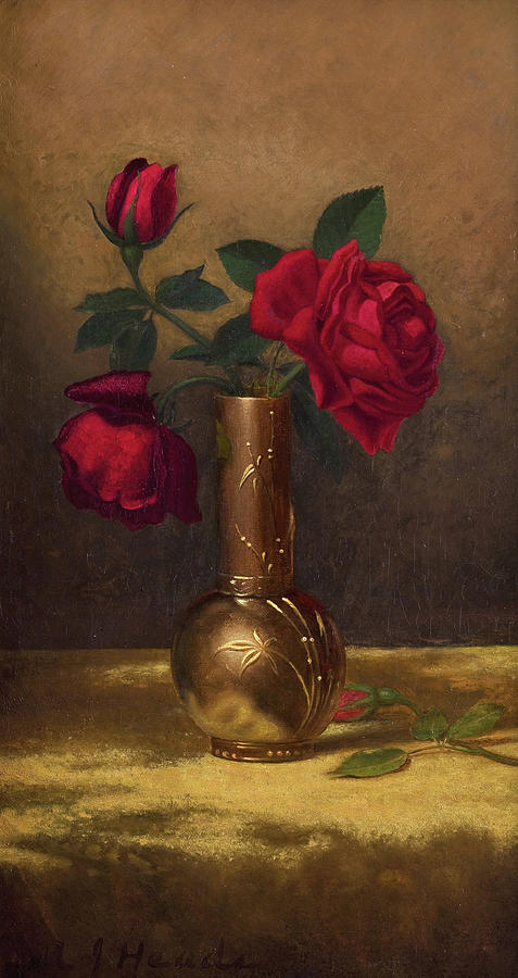 Red Roses in a Japanese Vase on a Gold Velvet Cloth Painting by Martin Johnson Heade