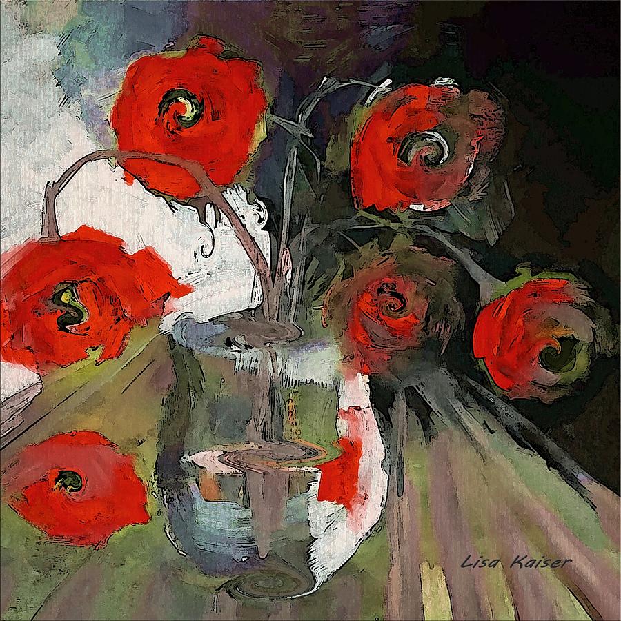 Red Roses In A Vase Painting by Lisa Kaiser