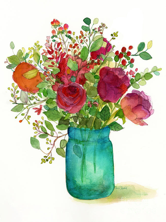 Red Roses in an Aqua Glass  Jar Painting by Sue Zipkin