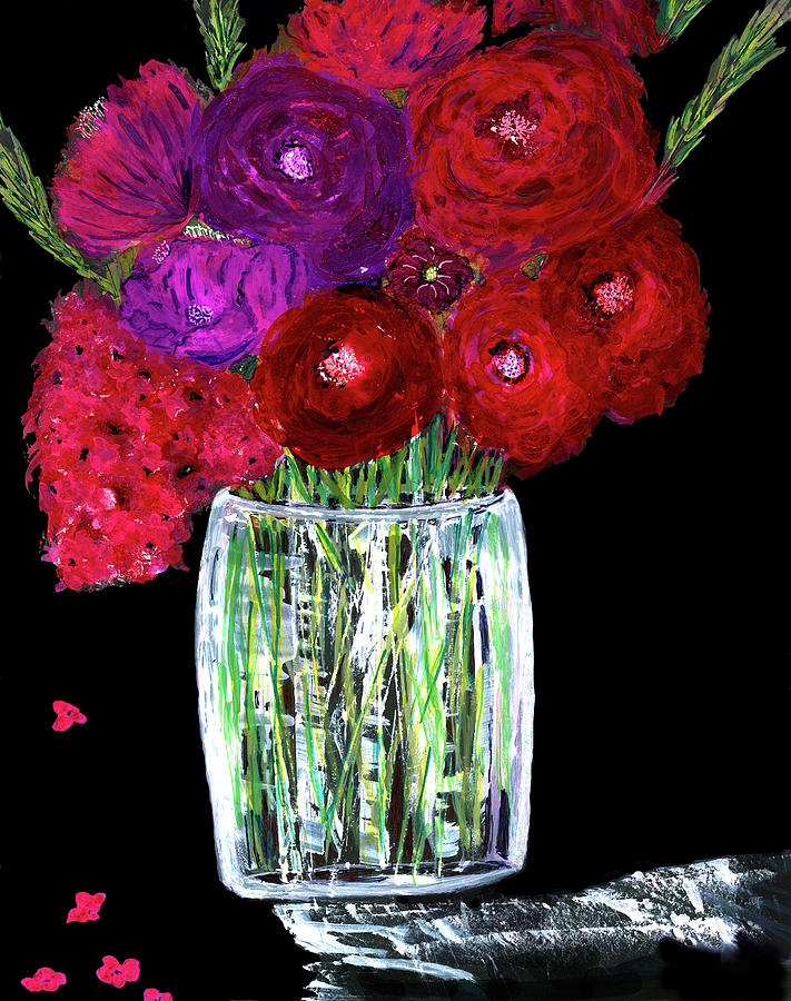 Red Roses In Crystal Vase Painting by Deborah League