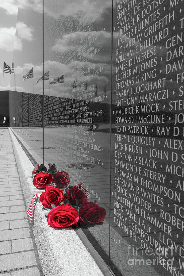 Red Roses MO National Veterans Memorial Selective Color Photograph by Jennifer White