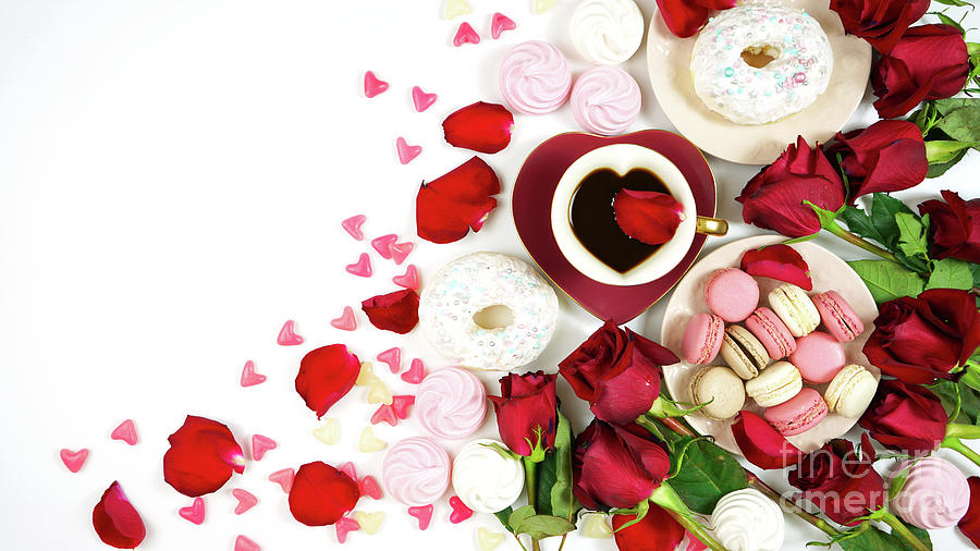 Red roses morning tea creative flat lay layout with coffee in heart shaped cup Photograph by Milleflore Images