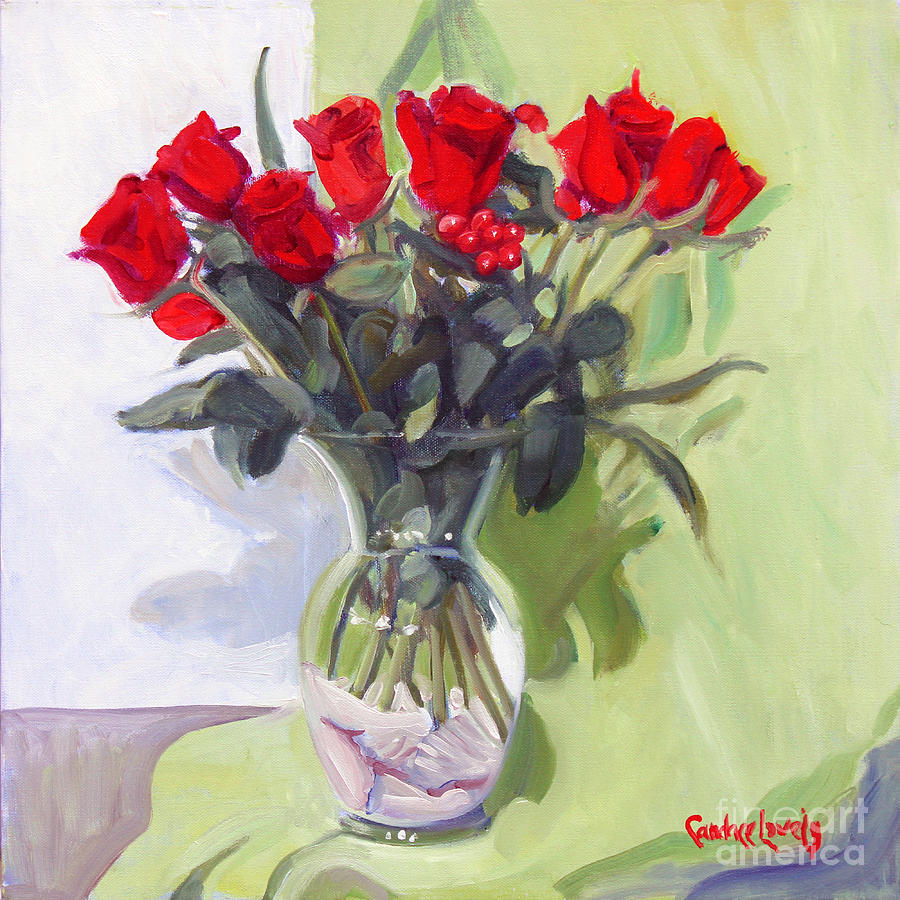 Red Roses on Green Painting by Candace Lovely