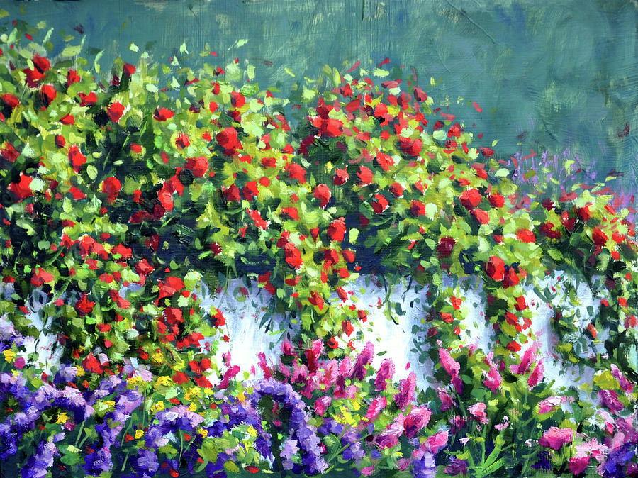 Red Roses over the Fence Painting by Rick Hansen