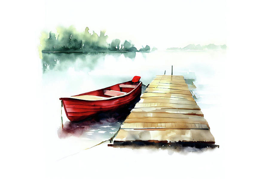 Red Rowboat on the Lake with Dock Digital Art by Alison Frank