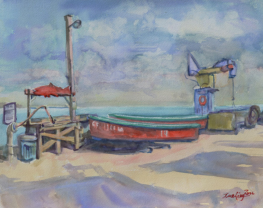 Red Rowboats on the Capitola Wharf Painting by Xueling Zou
