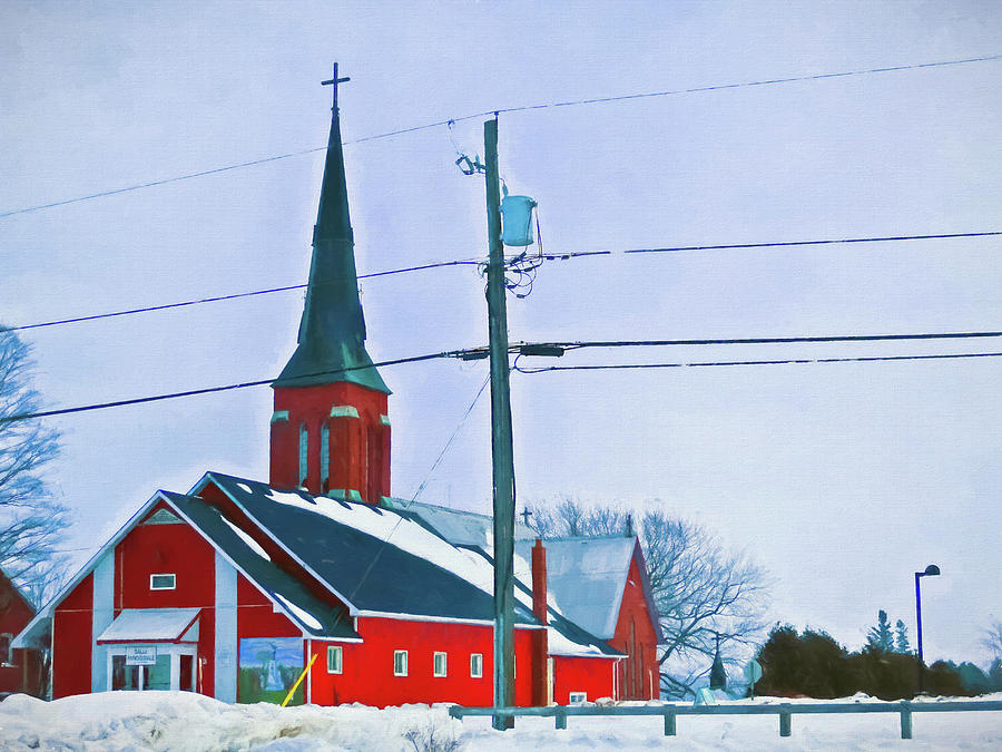Red rural church at wintertime Digital Art by Tatiana Travelways