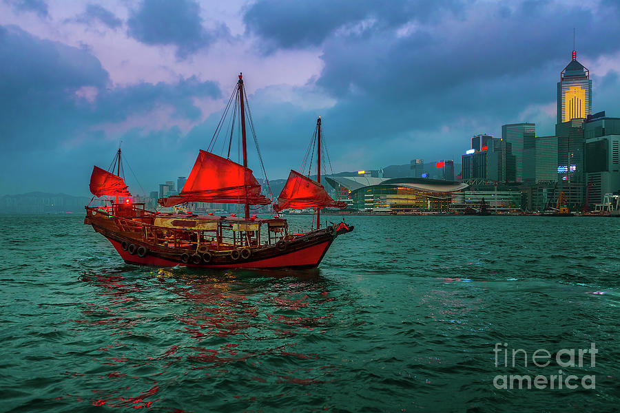 red sail boat of Hong Kong Photograph by Benny Marty