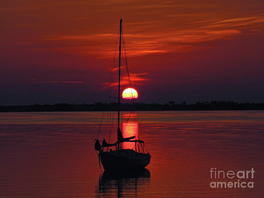 Sunrise Photograph - Red Sailboat at Sunrise by Brenda Harle