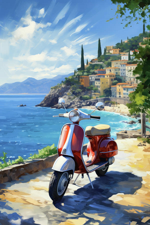 Red scooter at lago como Digital Art by Imagine ART