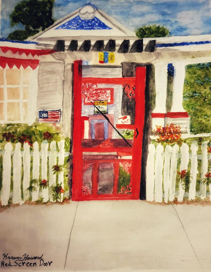 Red Screen Door Painting by Shady Lane Studios-Karen Howard