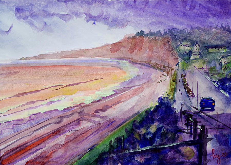 Red sea storm at Budleigh Salterton loose watercolor painting Painting by Mike Jory
