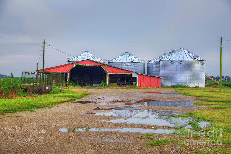 Landscape Photograph - Red Shed by Grain Bins by Larry Braun
