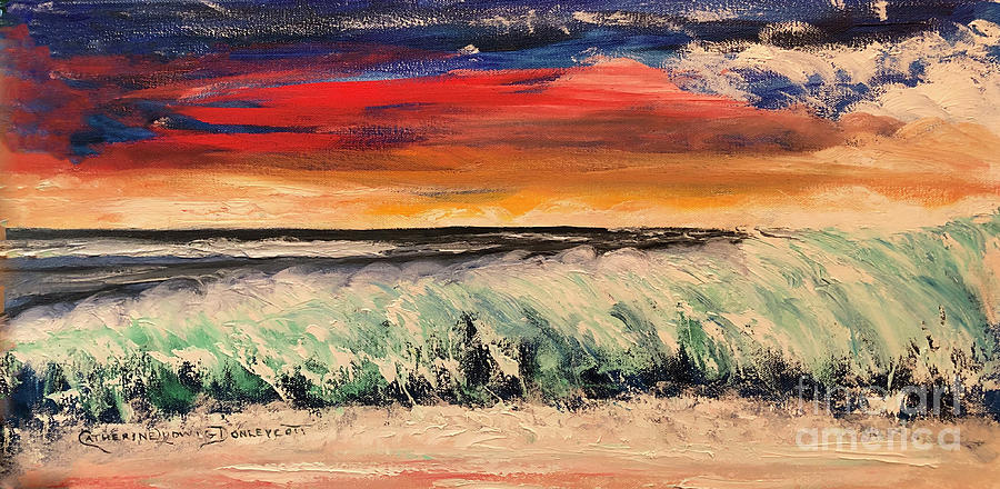 Red Sky Breakers -- Sunset Ocean Waves Painting by Catherine Ludwig Donleycott
