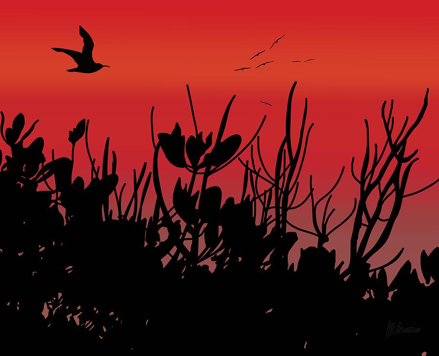 Red Sky Mangrove And Sea Bird Silhouettes Painting by Joan Stratton