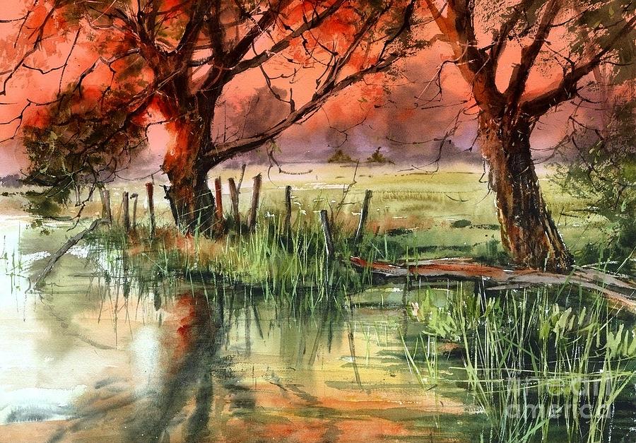 Marshes Painting - Red Sky That Yellows In The Pond by Suzann Sines Marshes Painting - Red Sky That Yellows In The Pond by Suzann Sines