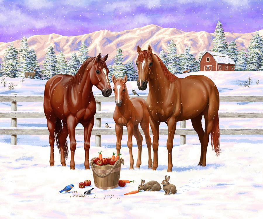 Red Sorrel Quarter Horses In Snow Painting by Crista Forest