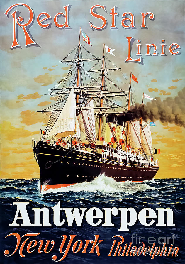 Red Star Line Antwerp New York Philadelphia Steamship Poster  18 Drawing by M G Whittingham