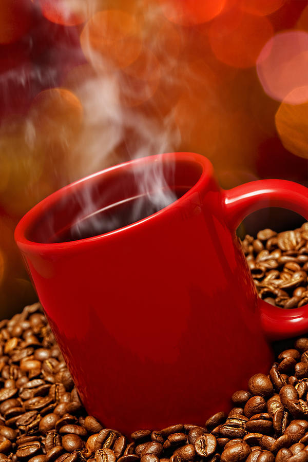 Red Steaming Coffee Cup and Beans Photograph by Dem10