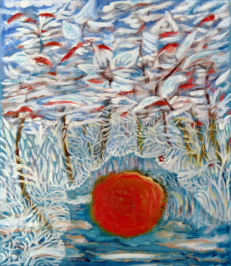 Red sun in forest Painting by Elzbieta Goszczycka