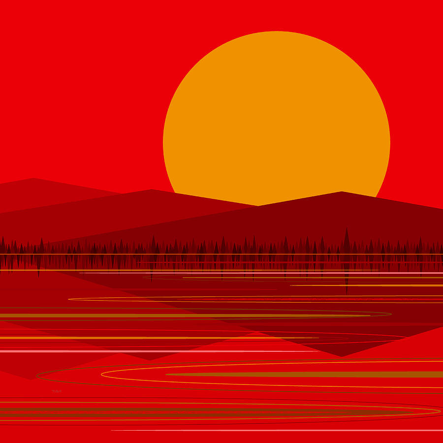 Red Sunrise at the Lake Digital Art by Val Arie