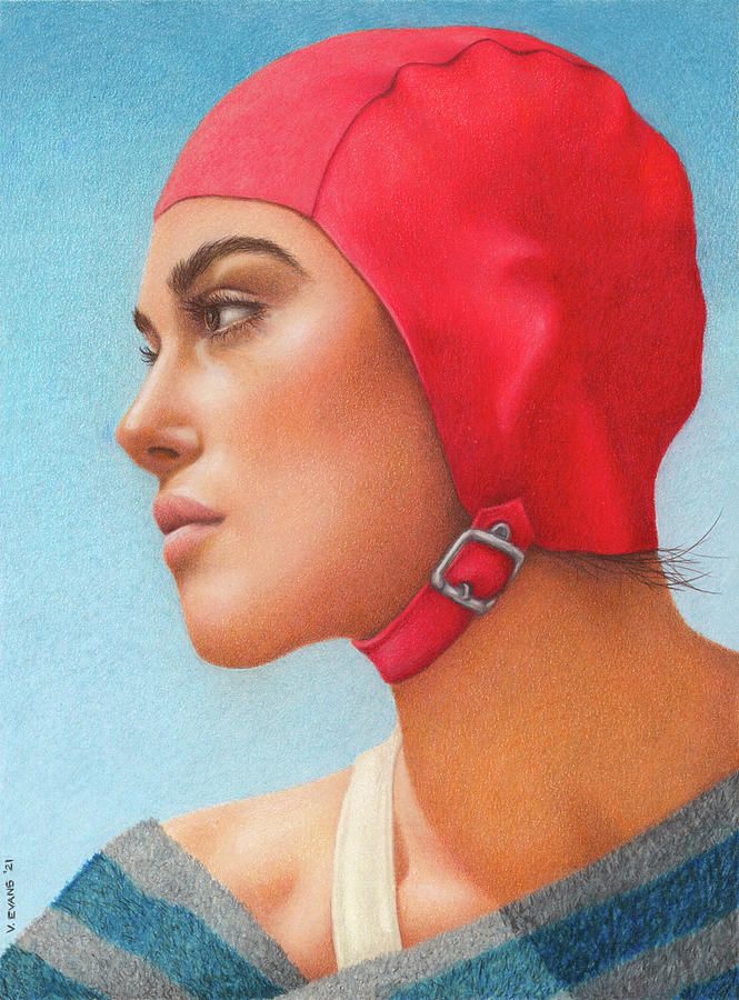 Red Swim Cap Painting by Valerie Evans