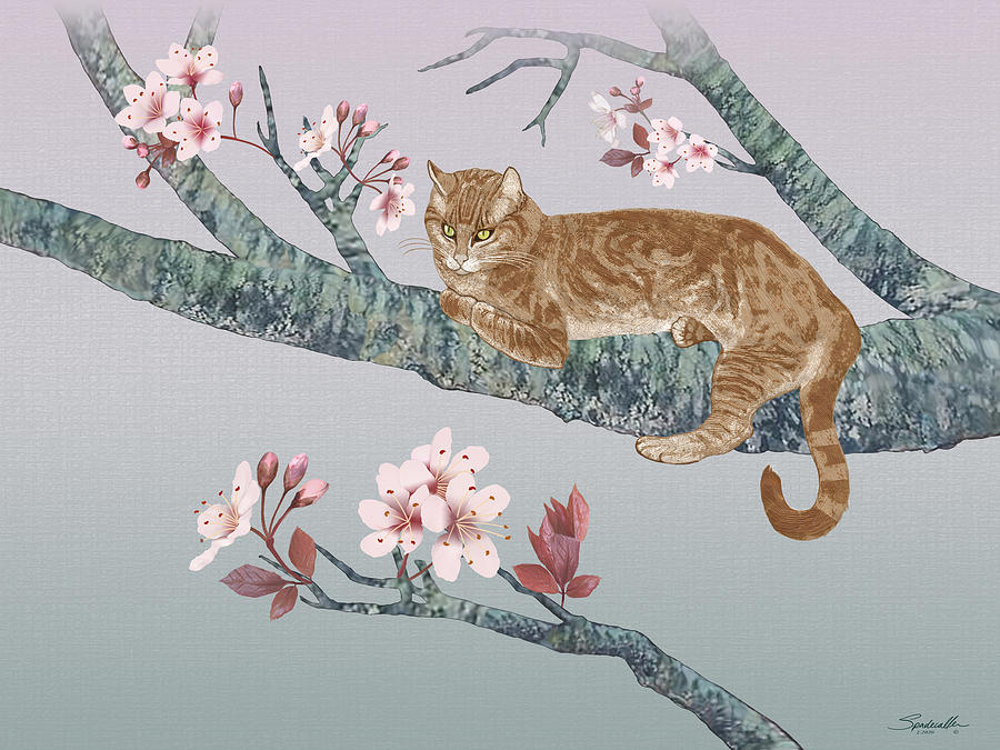 Red Tabby Cat in Cherry Tree Digital Art by M Spadecaller