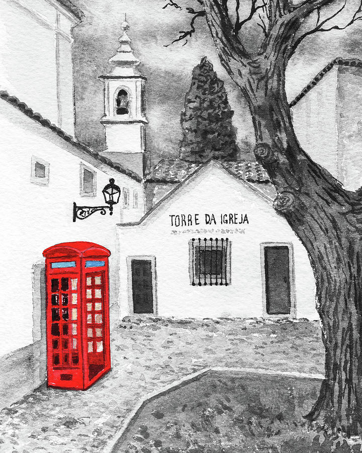 Red Telephone Booth At Torre Da Igreja Lisbon Portugal Watercolor Painting by Irina Sztukowski