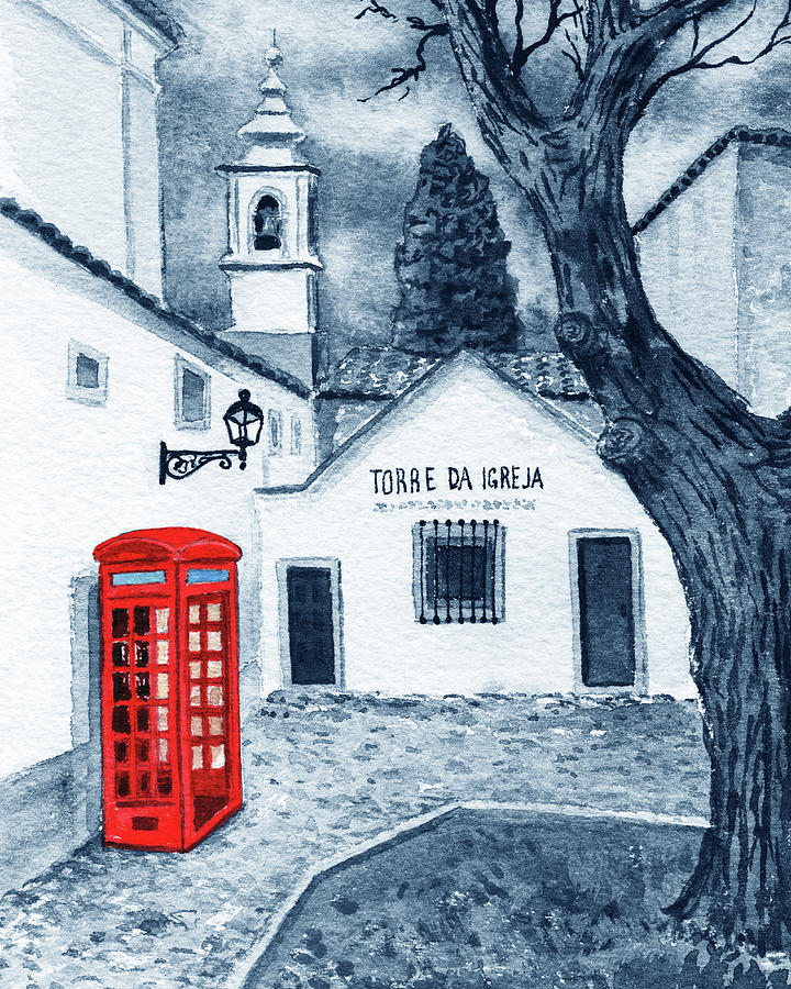 Red Telephone Booth On Plaza Watercolor Painting by Irina Sztukowski
