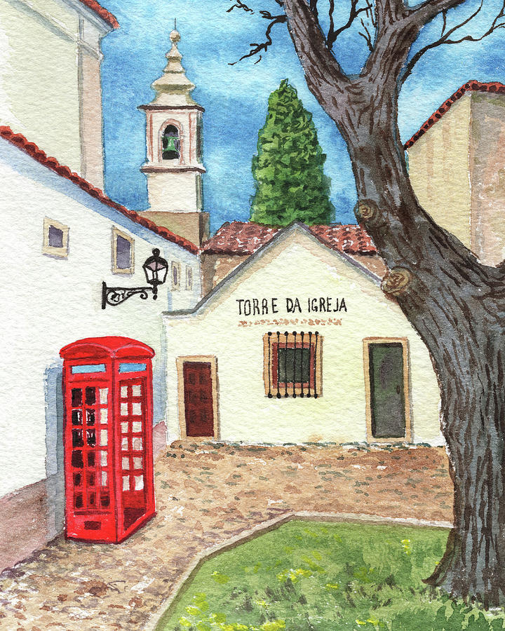 Red Telephone Booth Torre Da Igreja Lisbon Portugal Watercolor Painting by Irina Sztukowski